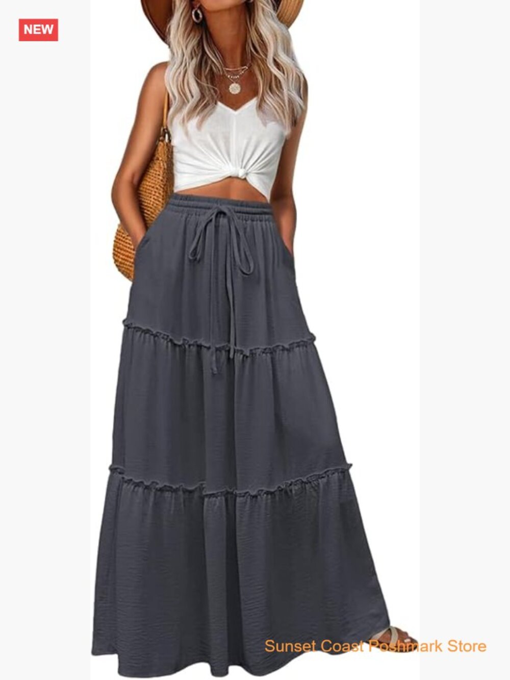 Womens High Waisted Flowy Maxi Skirt Tiered Ruffle Hem with Pockets for Summer